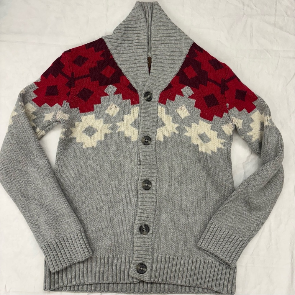 Tea‎ Red Gray Cardigan Sweater Buttons Size Large/8-10 VGUC Pima Cotton